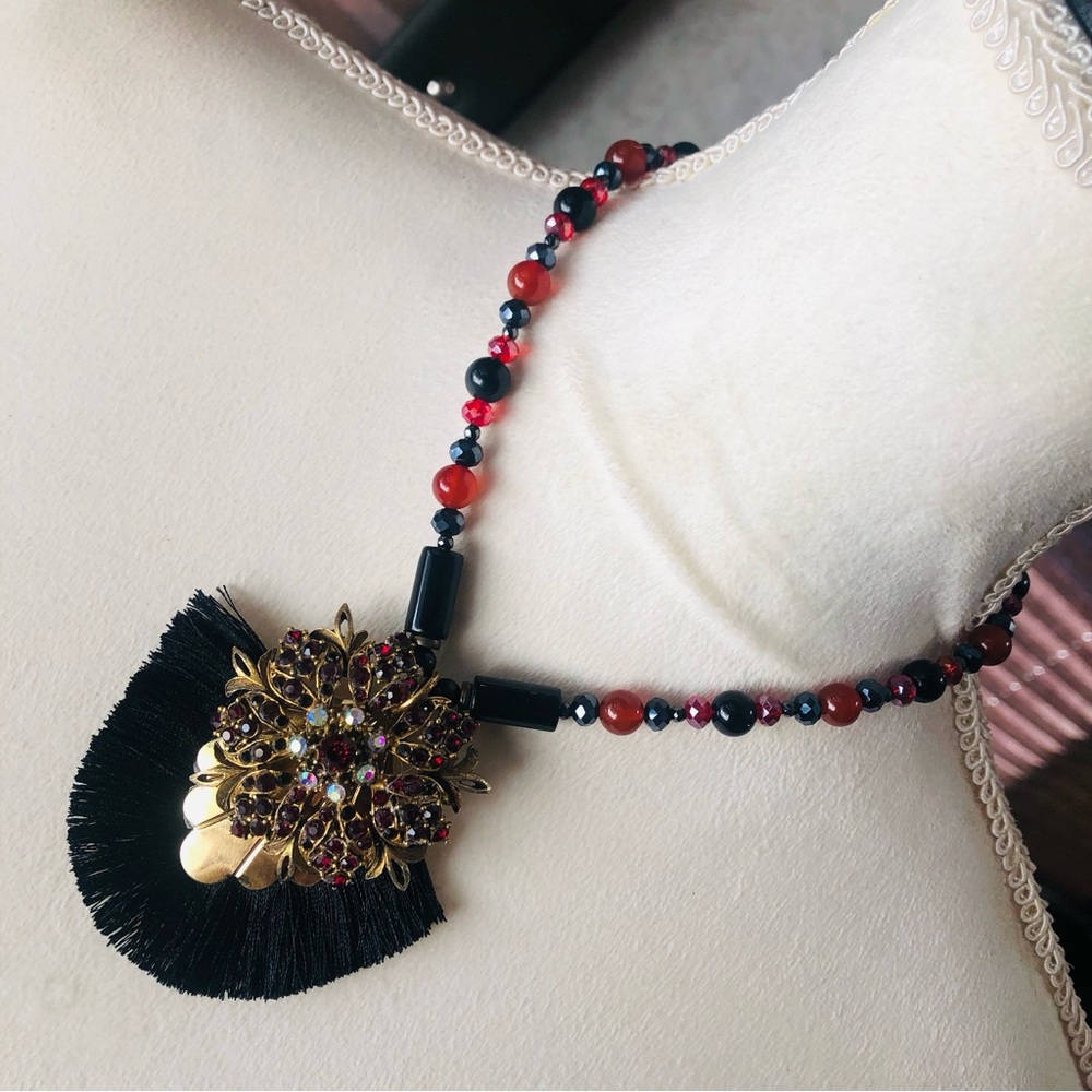 Handcrafted repurpose Florenza fringe pendant black onyx carnelian necklace